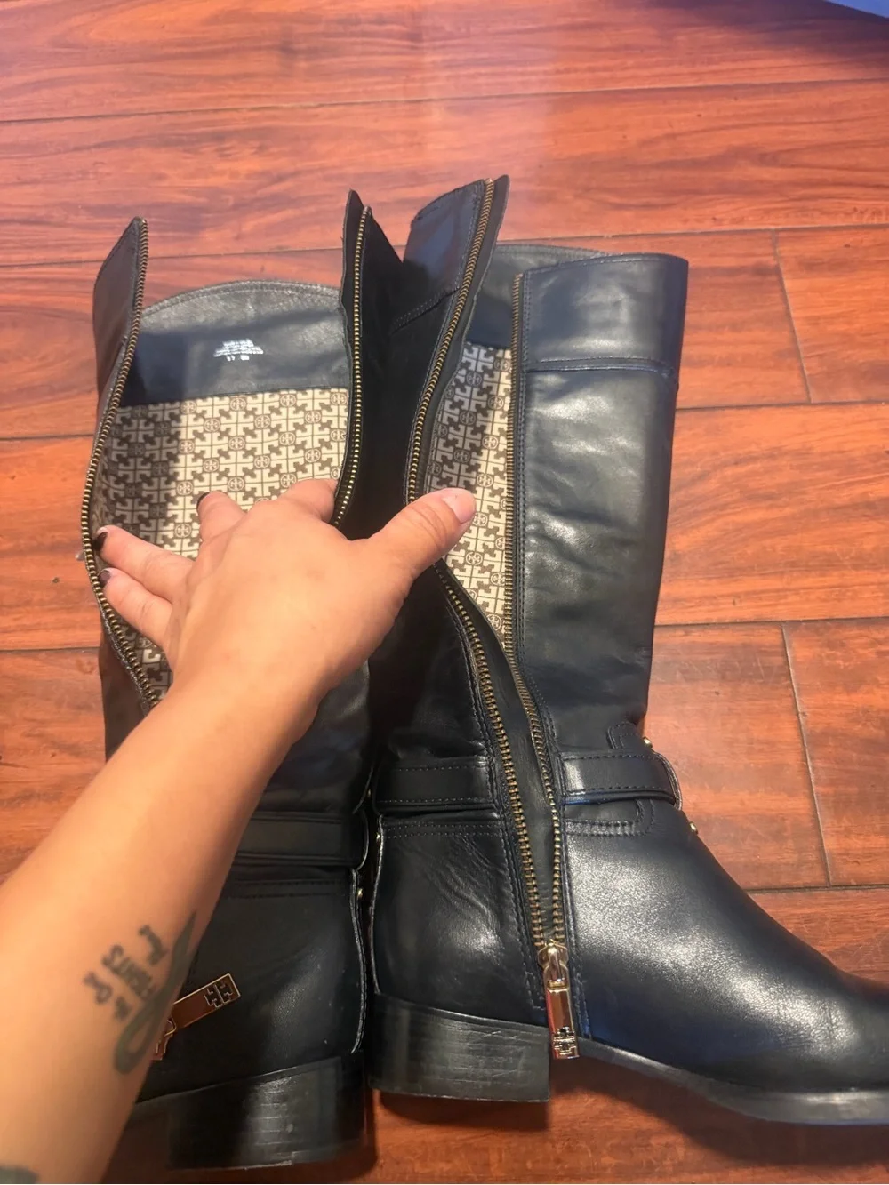 Tory Burch Black Leather Riding Boots with Gold Buckle - Picture 6 of 13